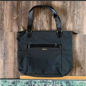 Kipling Black Tote Travel Bag Handbag Purse Gold Toned Hardware Zip Top Pockets